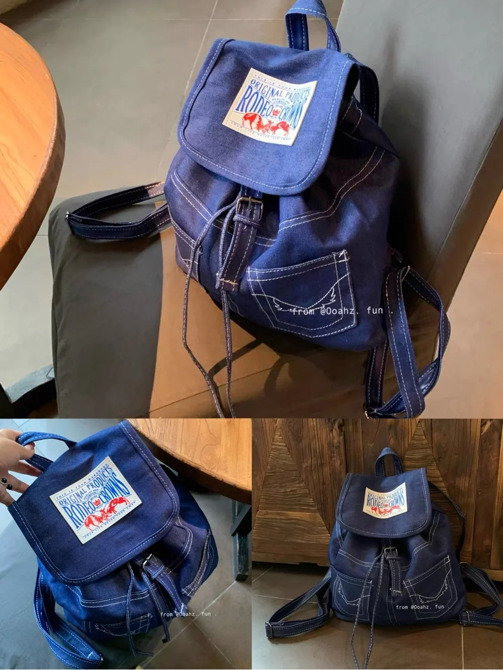 Vintage Denim Drawstring Backpack | Contrast Stitch Utility Bag